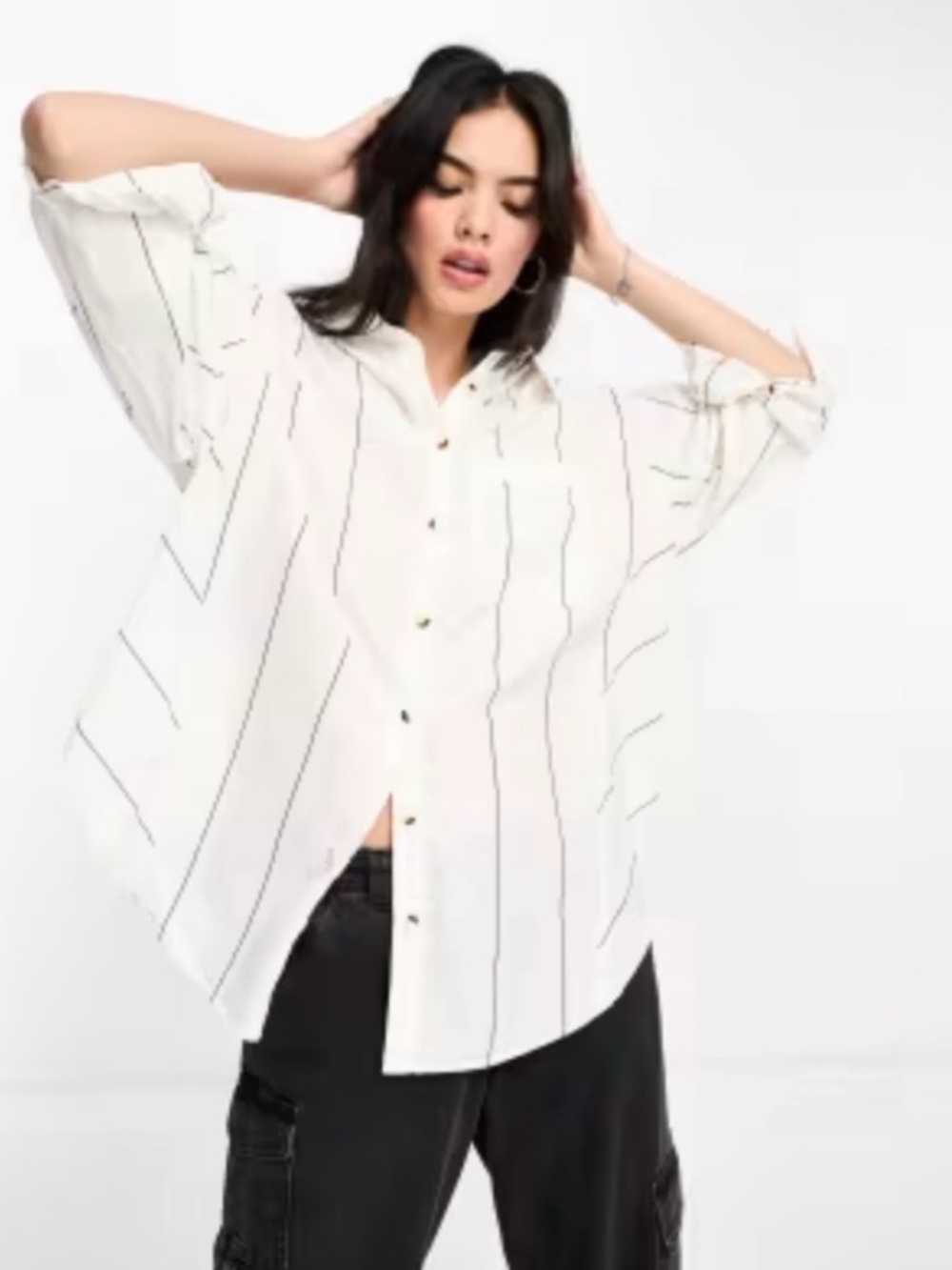 We The Free White Button-Down with Thin Black Stripes